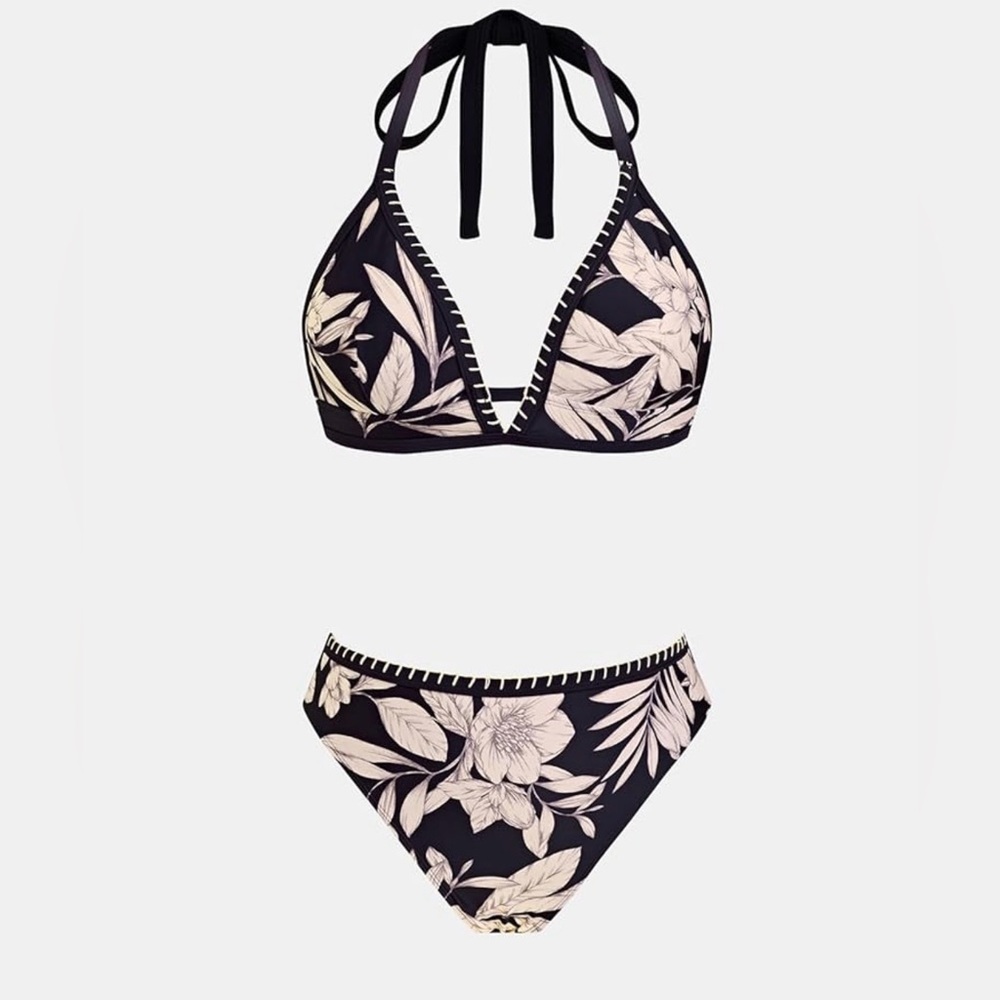 Cupshe NWT Tropical Floral Black and Cream Bikini Set Crochet Detail Sz XS Swim